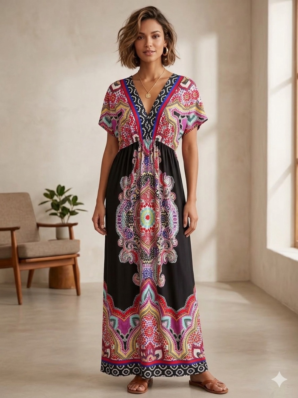 bailey blue Bohemian Black Maxi Dress with Multicolor Paisley Print- Size Large